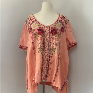 JOHNNY WAS Embroidered Linen Peach Floral Women's Top 1X